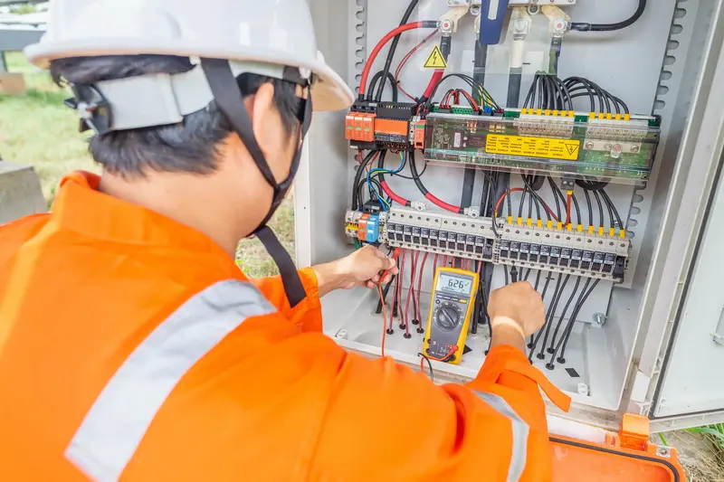 Technician diagnosing an electrical panel