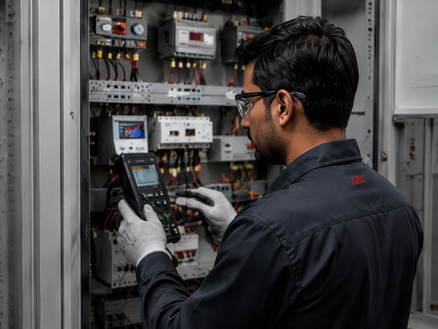 AEI engineer testing an industrial electrical panel